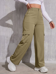 Flap Pocket Solid Color Cargo Pants, Y2K Slant Pocket Button Front Every Day Pants, Women's Clothing