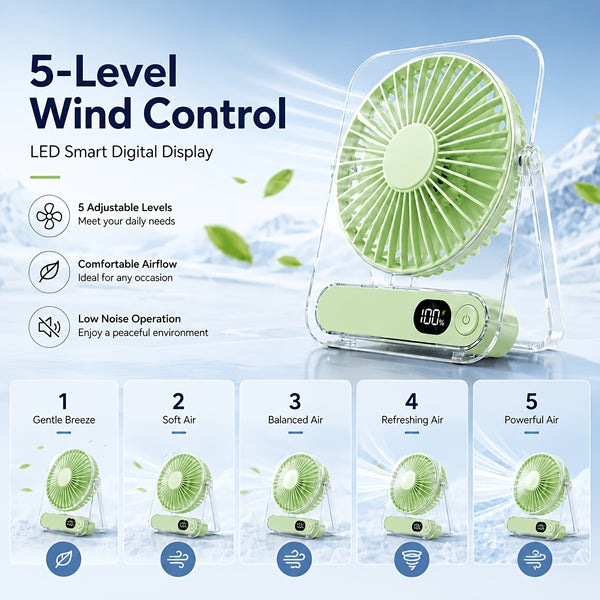 Rechargeable USB Desktop Fan (5000Mah Battery Included): Ultra-Quiet Operation with a Foldable Design And Digital Battery Level Display. Constructed from Durable Acrylic Material. A Device Perfect for Home Use