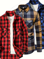 3 Men'S Plaid Shirt Top Lapel Long Sleeve Closure Men'S Casual Shirt Suitable for Men'S Daily Holiday Street Wear Casual Plaid Shirt Four Seasons Fashion Comfortable Fit Red, Blue And Black 3-Color Combination Pc Button Collar Chest Pocket