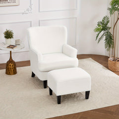 White Teddy Fabric Lounge Chair with Ottoman - 69x58x85.5cm Plush Armchair, Sponge Cushion & Plywood Frame, for Living Room/Bedroom (Black Wooden Legs)