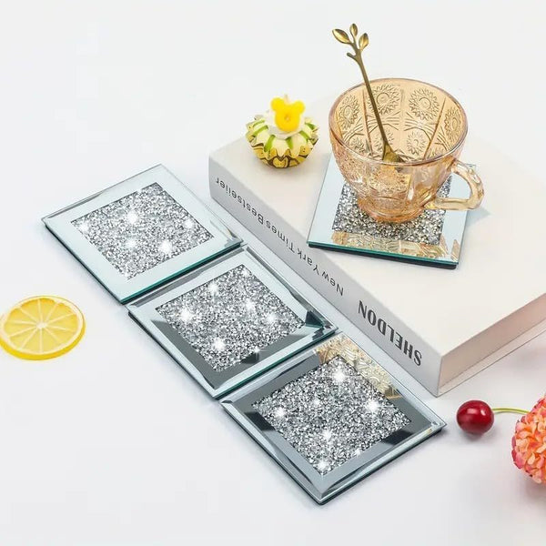 Set of 4 Square Crystal Coasters – 10cm Glass Mirrored Drink Coasters with Glitter Crushed Diamond Design – Elegant Coasters for Home, Kitchen, Bar, or Table Decoration