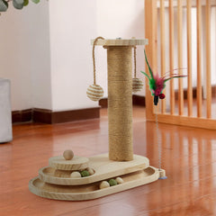 Interactive Solid Wood Cat Scratching Post, Cat Turntable, Cat Teasing Stick, Cat Scratching Board, Durable Cat Toy, Sisal Cat Climbing Frame, Elliptical Turntable