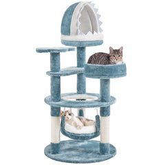 115cm Cat Tree, Tall Ocean-themed Cat Tree, Multi-Level Cat Climbing Tree, Plush Cat Tower with 3 Sisal Scratching Posts, Round Entrance, 3 Perches, Hammock, Cat Tower for Small- to Medium-sized Cats Blue / White