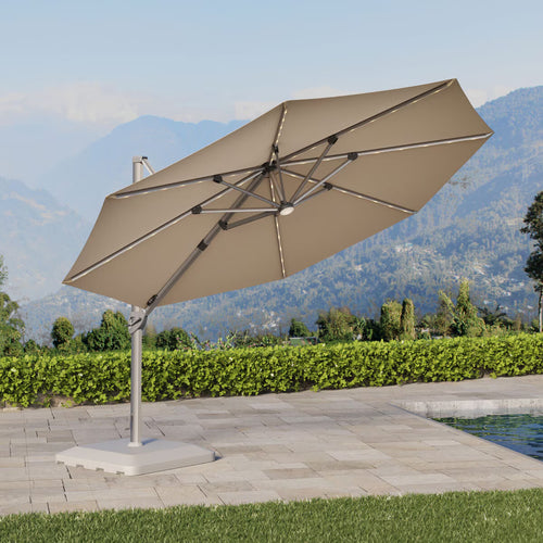 Seasons Sentry 13Ft (4M) Solar LED Anodized round Cantilever Umbrella with Base in Beige