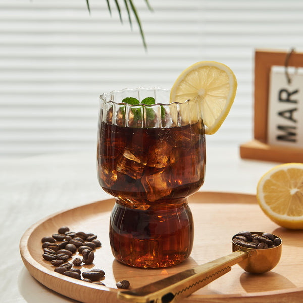 Set of 4 RippleWave Ribbed Glass Drinking Cups - Borosilicate Glassware for Hot & Cold Beverages - Dishwasher Safe - for Coffee, Juice, Cocktails & Desserts