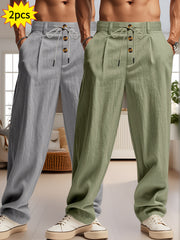 2pcs Men'S Linen Solid Color British Business Casual Straight Leg Pants with Drawstring Elastic Waistband And Button Design Casual Long Trousers Suitable for Outdoor Travel Fitness Exercise And Daily Wear Casual Outdoor Pants Linen Long Pants Lightw