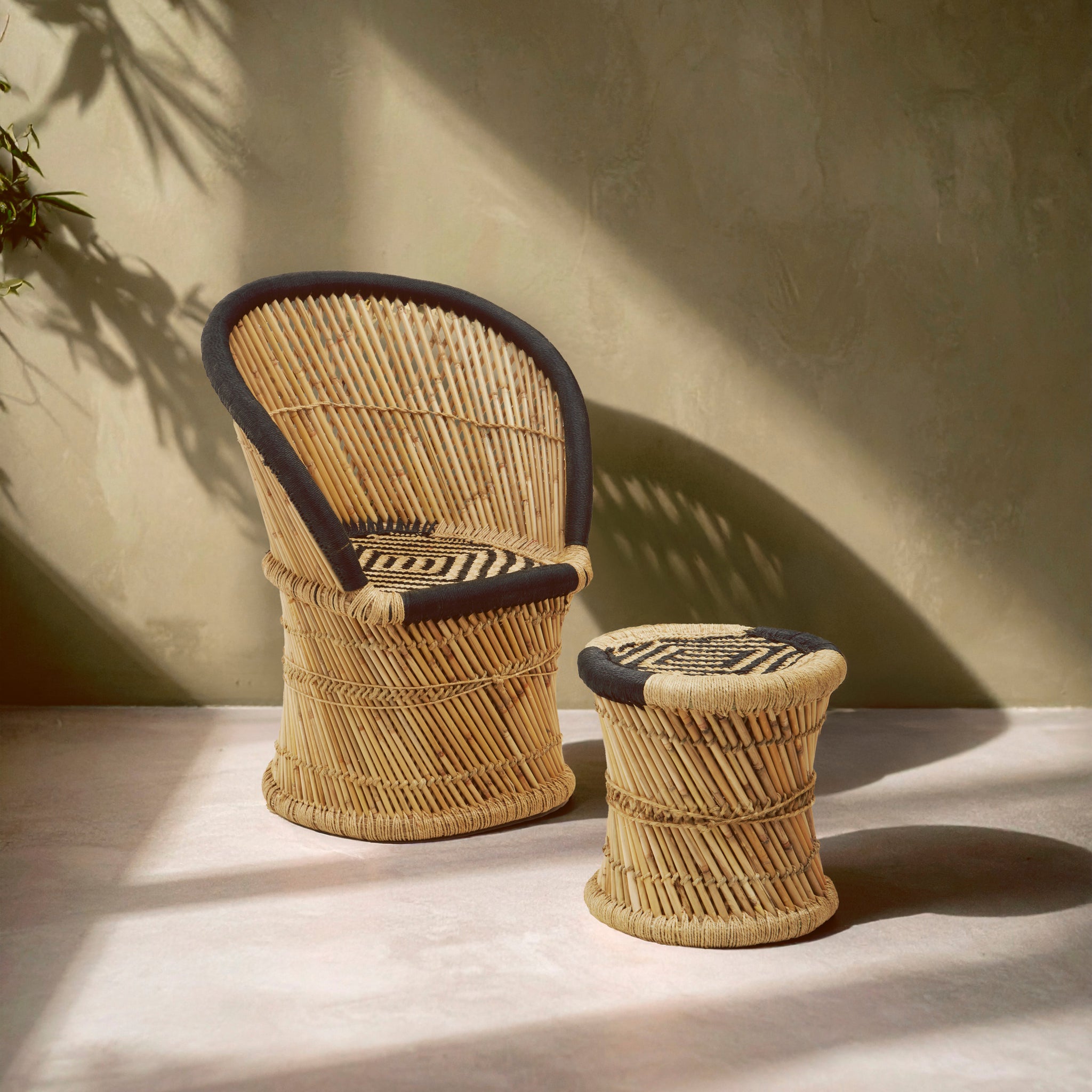 Interiors By Premier Handwoven Natural And Black Chair And Stool, Comfortable Rattan Design Armchair, Bamboo Chair