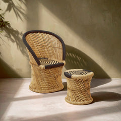 Interiors By Premier Handwoven Natural And Black Chair And Stool, Comfortable Rattan Design Armchair, Bamboo Chair