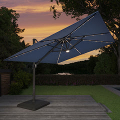 Seasons Sentry 10Ft (3M) 2-Tier Solar LED Square Cantilever Umbrella with Base in Blue