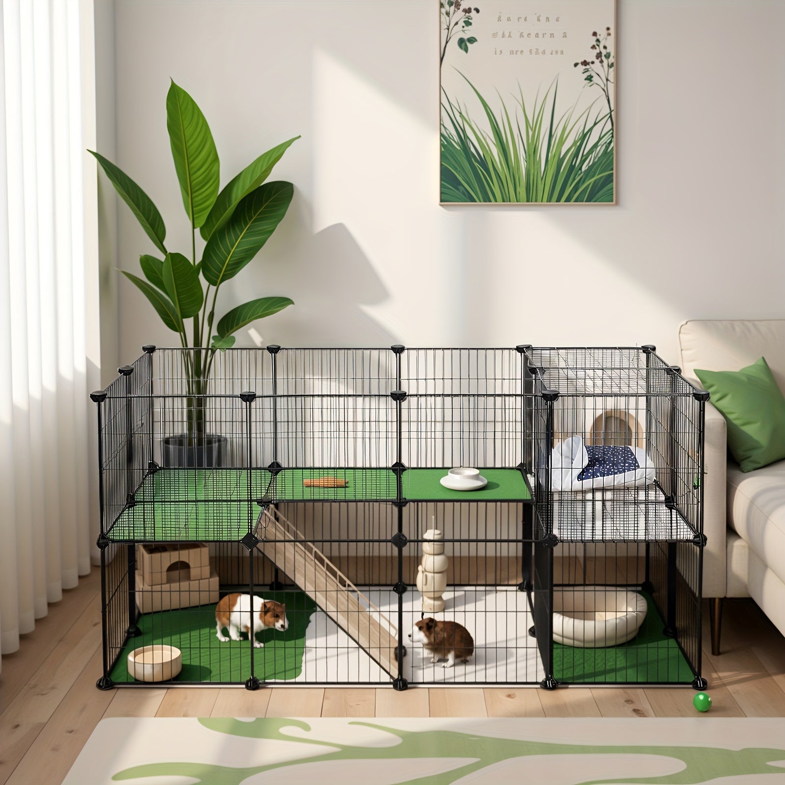 Pet Enclosure, 2 Levels, Modular Enclosure for Small Animals, Hamsters, Rabbits, Guinea Pigs, Mesh Panels, Indoor Use, 143 X 73 X 71 Cm