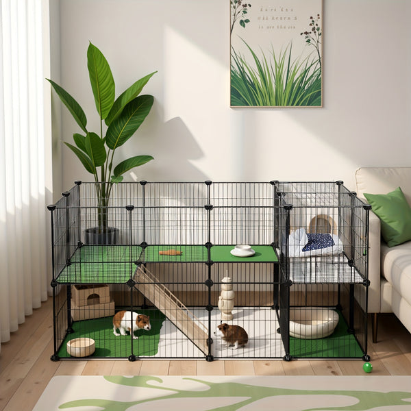 Pet Enclosure, 2 Levels, Modular Enclosure for Small Animals, Hamsters, Rabbits, Guinea Pigs, Mesh Panels, Indoor Use, 143 X 73 X 71 Cm