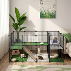 Pet Enclosure, 2 Levels, Modular Enclosure for Small Animals, Hamsters, Rabbits, Guinea Pigs, Mesh Panels, Indoor Use, 143 X 73 X 71 Cm