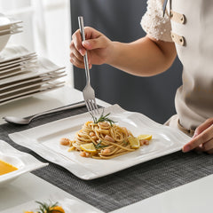 Set of 28 White Porcelain Square Dinnerware, Includes Plates And Bowls for 6 People