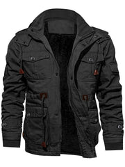 Men's Mid-Length Fleece-Lined Hooded Jacket with Multiple Pockets, Winter Casual Outdoor Workwear Coat