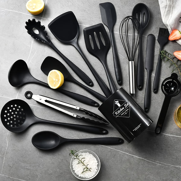 Silicone Kitchen Utensils Set 15pcs, Food Grade Silicone Cooking Utensils with Storage Holder, Non-Scratch Dishwasher Safe Non-Stick Cookware Friendly for Cooking Baking Frying Mixing Stirring Serving Grilling Kitchen Prep, Black & Khaki Available