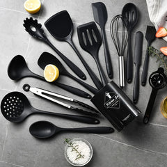 Silicone Kitchen Utensils Set 15pcs, Food Grade Silicone Cooking Utensils with Storage Holder, Non-Scratch Dishwasher Safe Non-Stick Cookware Friendly for Cooking Baking Frying Mixing Stirring Serving Grilling Kitchen Prep, Black & Khaki Available