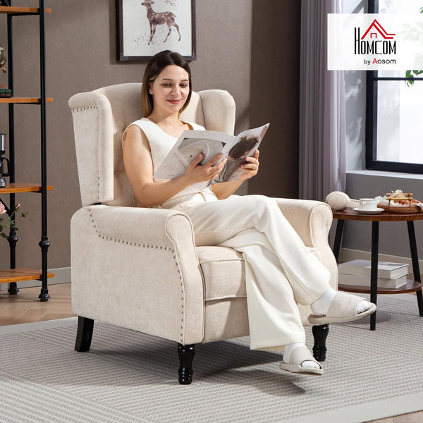 HOMCOM Recliner Armchair, Vintage Reclining Chair with Nail Head Trim, Wingback Chair with Button Tufted Back and Footrest, for Living Room, Beige