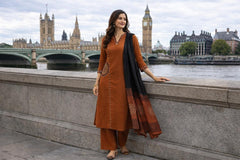 TeamWear* Womens Cotton Embroidered Neck and Dual Pockets Kurta Set with Palazzo and Contrast Dupatta