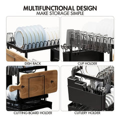 2 Tier Dish Drainer Rack for Kitchen Counter - Space-Saving Dish Rack with Utensil Holder and Cutting Board Holder Large Capacity Drying Rack with Draining Board, Black