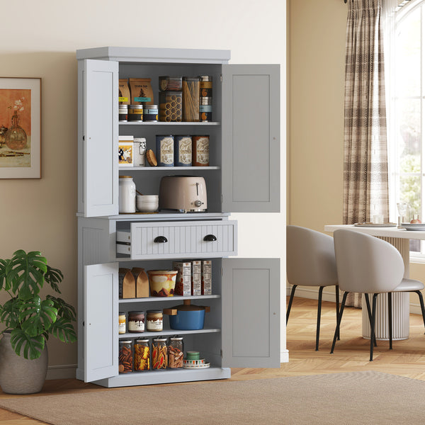 183 cm Tall Kitchen Cabinet, Freestanding Storage Cabinet with 4 Doors, Drawer and Adjustable Shelves, Kitchen Cupboard for Dining Room, White