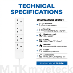 MTK 4 Way Power Strip Extension Lead with 2M Cable, 13A 3000W Max Safety Overload Protection, Fire-Resistant PP White Extension Socket for Home Office Travel Computer & Appliances
