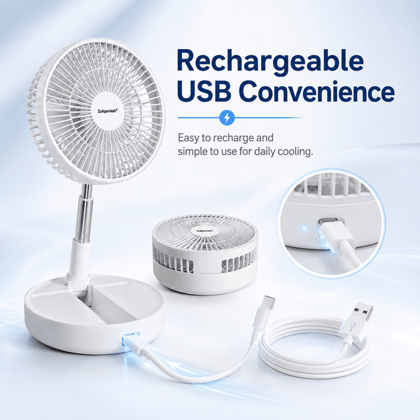 A2Z 8 Inch Rechargeable USB Foldable Desk Fan – Portable White Cooling Fan with Adjustable Height & Tilt, 5-Blade Quiet Operation, LED Indicator & Compact Design for Home, Office & Travel Use