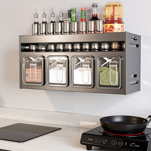 Double Layer Aluminum Spice Rack Condiment Rack, Wall-Mounted No-Drill Kitchen Organizer with 4-Drawer Spice Jars, Condiment Holder Set, Grey