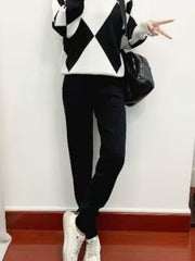 Women's Fashionable Plaid Sweater Set, New Autumn/ winter Style, Casual Plaid Two-piece Sweater Set, Drawstring Elastic Waist, Side Pockets, Suitable for Autumn/ winter Casual Wear and Daily Commuting, Combining Fashion and Warmth.