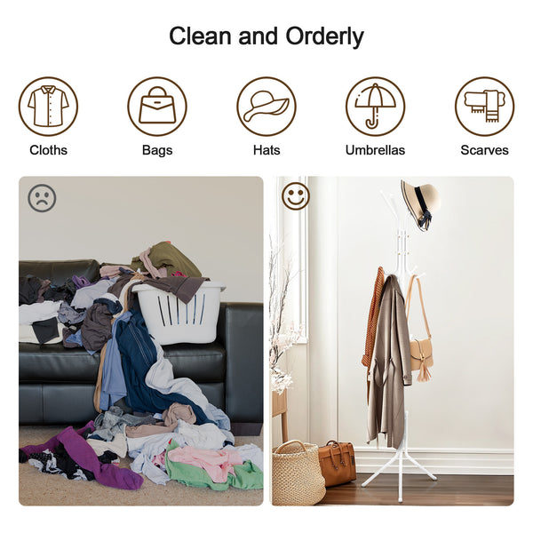 Coat Rack Stand 3-Tier 175cm Tall Metal Coat and Hat Stand with 12 Hooks for Living Room, Bedroom & Hallway