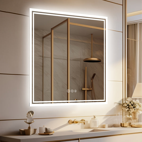 Square LED Bathroom Mirror Measuring 800X800Mm, Featuring Illuminated Backlighting, Wall Mounting, an Anti-Fog Demister, a Smart Touch Button, And Dimmable Settings for Makeup Application