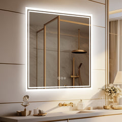 Square LED Bathroom Mirror Measuring 800X800Mm, Featuring Illuminated Backlighting, Wall Mounting, an Anti-Fog Demister, a Smart Touch Button, And Dimmable Settings for Makeup Application
