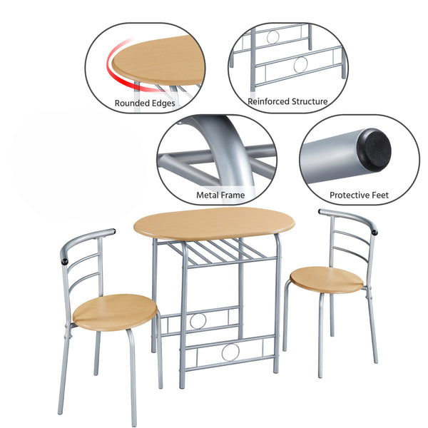 Costoffs 3 Piece Dining Table Set Modern Kitchen Table Set Space Saving Table and 2 Chairs Set with Steel Legs/Storage Rack for Kitchens/Balconies/Bedrooms/Apartments/Cafés, Natural/Drift Brown/White