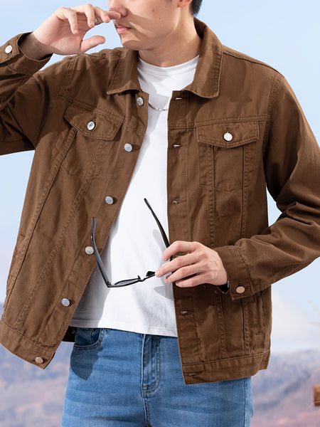 Spring and Autumn Hot Men's Denim Jacket for Teens, High-End Long Sleeve Turn- Collar Casual Coat