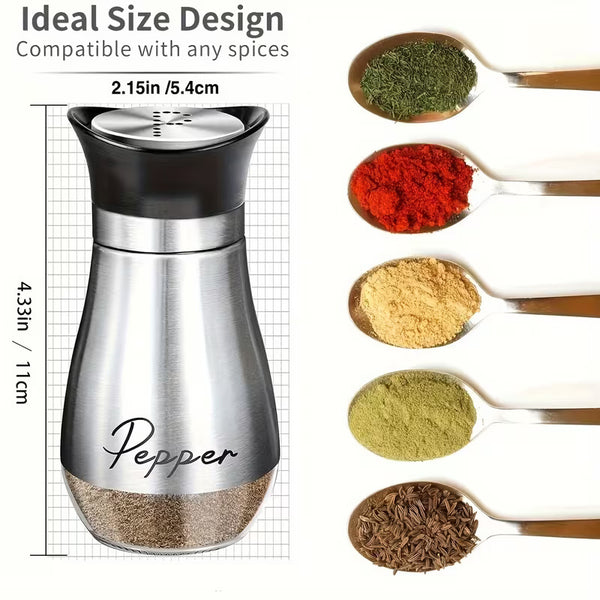 4-piece set (2 bottles + 2 caps) of adorable glass salt and pepper shakers. 4 oz (approx. 113.4g) glass salt and pepper shakers with stainless steel caps, suitable for kitchen dining tables, RVs, camping, and BBQs. Condiment bottles, salt and pepper shake