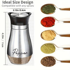 4-piece set (2 bottles + 2 caps) of adorable glass salt and pepper shakers. 4 oz (approx. 113.4g) glass salt and pepper shakers with stainless steel caps, suitable for kitchen dining tables, RVs, camping, and BBQs. Condiment bottles, salt and pepper shake