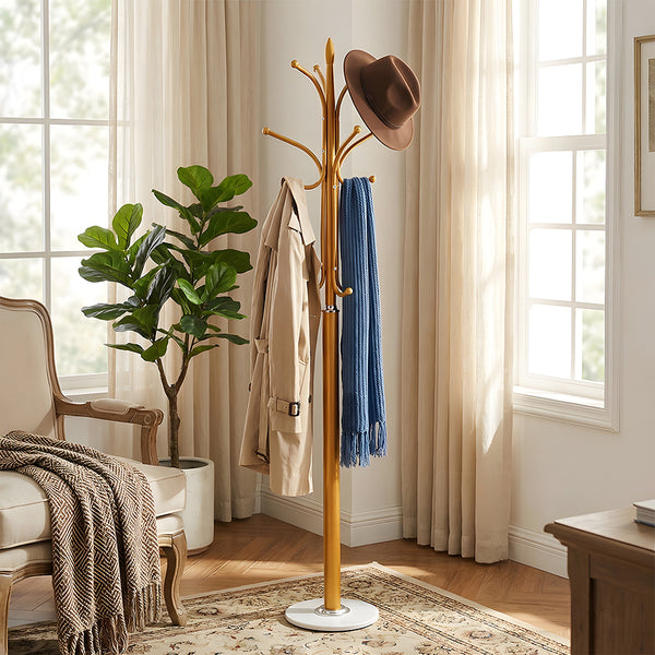 12-Hook Stylish Freestanding Coat Rack, Column-style Heavy Duty Metal Hat Stand with Solid Marble Base, 180cm Tall 4.7cm Thick Pole, Gold Black White Finish for Hallway, Office, Boutique Display