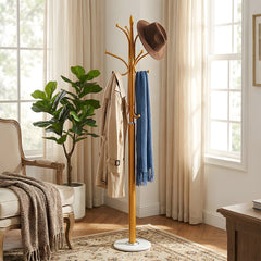 12-Hook Stylish Freestanding Coat Rack, Column-style Heavy Duty Metal Hat Stand with Solid Marble Base, 180cm Tall 4.7cm Thick Pole, Gold Black White Finish for Hallway, Office, Boutique Display