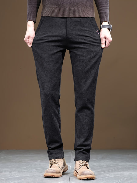 Autumn/Winter Men's Warm Casual Pants, Business Casual Slim-Fit Chenille Trousers, Solid Color
