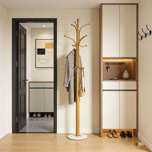 12-Hook Stylish Freestanding Coat Rack, Column-style Heavy Duty Metal Hat Stand with Solid Marble Base, 180cm Tall 4.7cm Thick Pole, Gold Black White Finish for Hallway, Office, Boutique Display