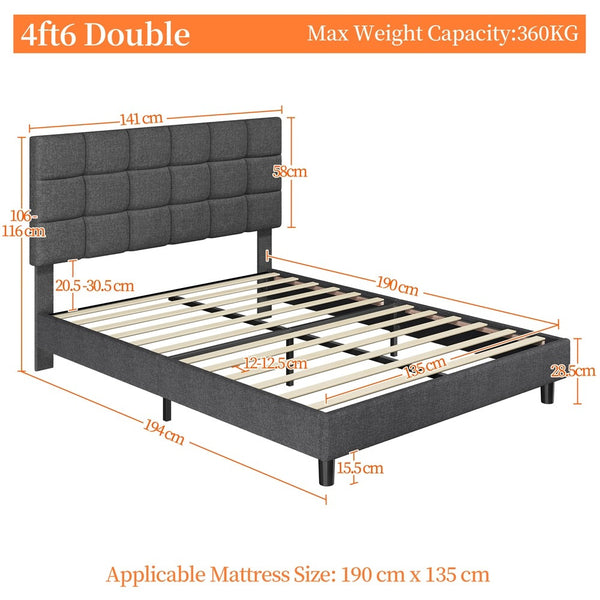 Costoffs Upholstered Bed Frame, Fabric Bed Frame with Fabric Headboard, Modern Platform Bed Frame with Strong Wooden Slats, Support and Square Tufted Headboard Height Adjustable, Double/King, Dark Gray/Light Gray/Beige