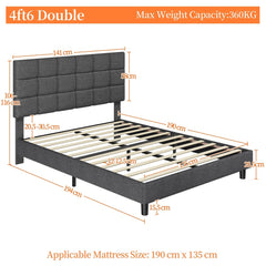 Costoffs Upholstered Bed Frame, Fabric Bed Frame with Fabric Headboard, Modern Platform Bed Frame with Strong Wooden Slats, Support and Square Tufted Headboard Height Adjustable, Double/King, Dark Gray/Light Gray/Beige