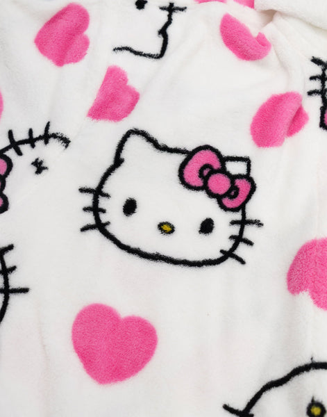 Hello Kitty Womens White Hooded Bathrobe | Cosy Fleece Loungewear with Pink Accents & Long Sleeves | Cartoon Character Design | Perfect for Relaxing Days | Hello Kitty Merch - Medium