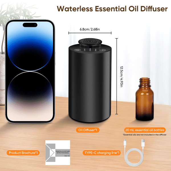 Hydrocarbon-free essential oil diffuser - Wireless aromatherapy diffuser - Car aroma diffuser with timer function and 3 spray modes - Black aluminum alloy material