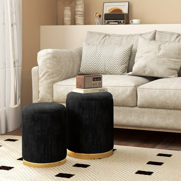 COSTWAY Velvet Storage Ottoman Set of 2 with Golden Stainless Steel Hoop, Ottoman Storage Bench