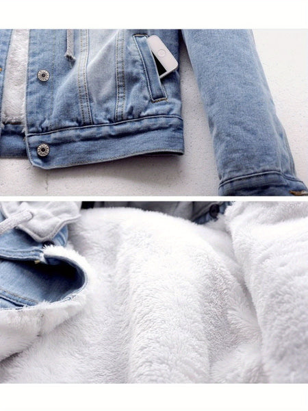 Women's denim hooded winter jacket with pockets - Warm panel design, detachable hood, casual autumn/ winter jacket, comfortable for outdoor wear, Women's winter denim, Cold Weather Wear, Seasonal Fashion, Retro Style, Quality Stitching, Casual Attire