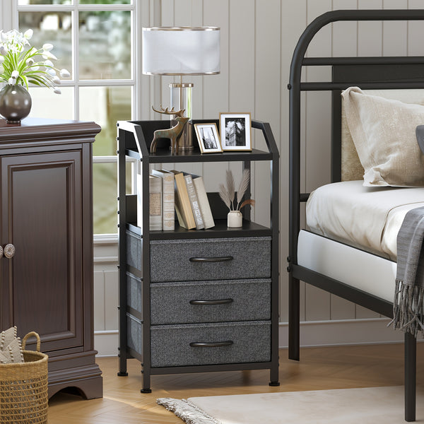 Industrial Rustic End Table with Storage - Nightstand with 3 Fabric Drawers & 2 Shelves, Wood & Metal Bedside Table Suitable for Bedroom, Living Room, Small Spaces - Assembly, Space-Saving