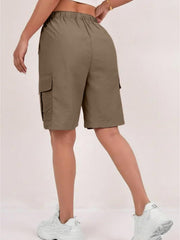 1pc Women' Elastic Waist Drawstring Cargo Shorts with Button Flap Pockets - Knee-Length Bermuda Utility Shorts Suitable for, Camping, Casual Wear, Machine Washable Multi- Shorts for Outdoor & Daily Outfits