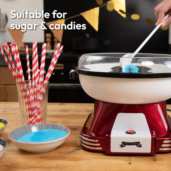 Gadgy Candy Floss Machine for Kids & Adults, Retro Cotton Maker, Suitable for Sugar or Candies, Including 10 Candyfloss Sticks, 500W, Red & White