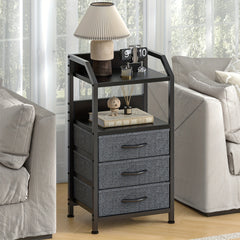 Modern Black Fabric Drawer Nightstand with Open Shelves - Engineered Wood & Metal Frame, 3 Drawers & Open Shelf, Compact 68.58cm Height, 3, 2 Cu Ft Storage, Easy Assembly for Bedroom, Living Room, Dorm, Office, Bedroom Storage, Contemporary Design, Sturdy