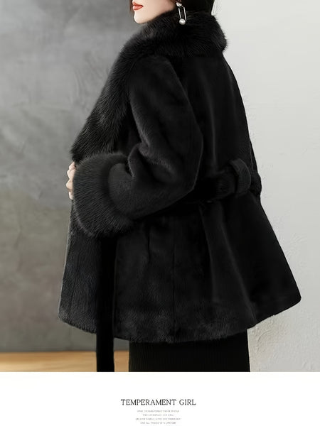 Fashion Imitation Coat Furcollar Lace-up Mid-length Belt Coat Women's Autumn and Winter Design Warm Top
